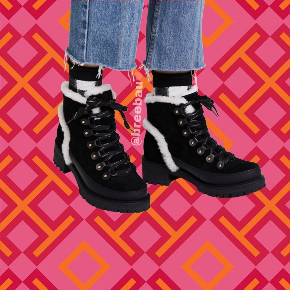 Tory Burch Cooper Genuine Shearling Boot in Black. Plush suede and cozy genuine
